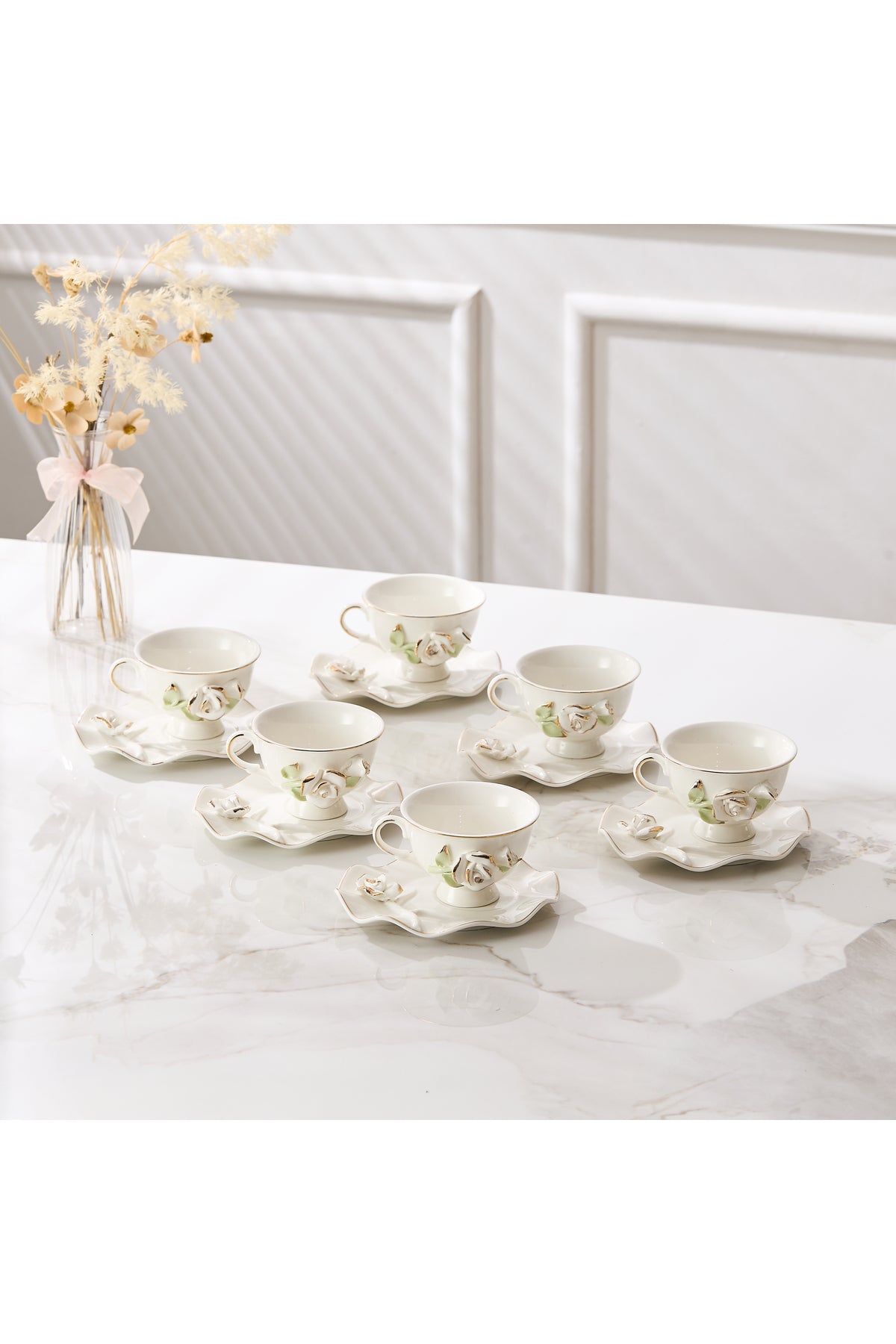 Set 6 cești de cafea din porțelan cu farfurioare, 180 ml - decor floral în relief
