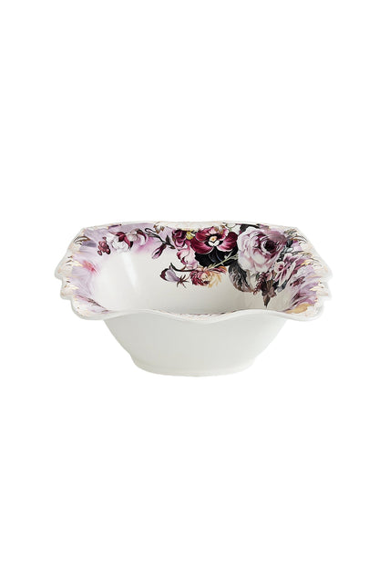 Bol porțelan model floral vintage, margini ondulate, 26.5 cm