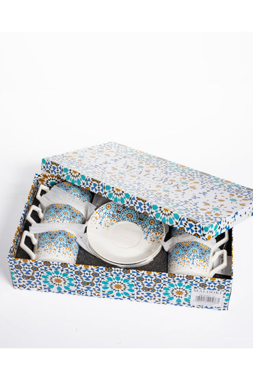Set 6 cești cafea Marrakech – porțelan cu mozaic oriental, 12 piese cu farfurioare