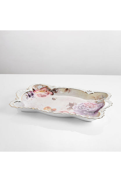 Tavă servire porțelan model floral vintage, mânere integrate, 42 x 27 cm