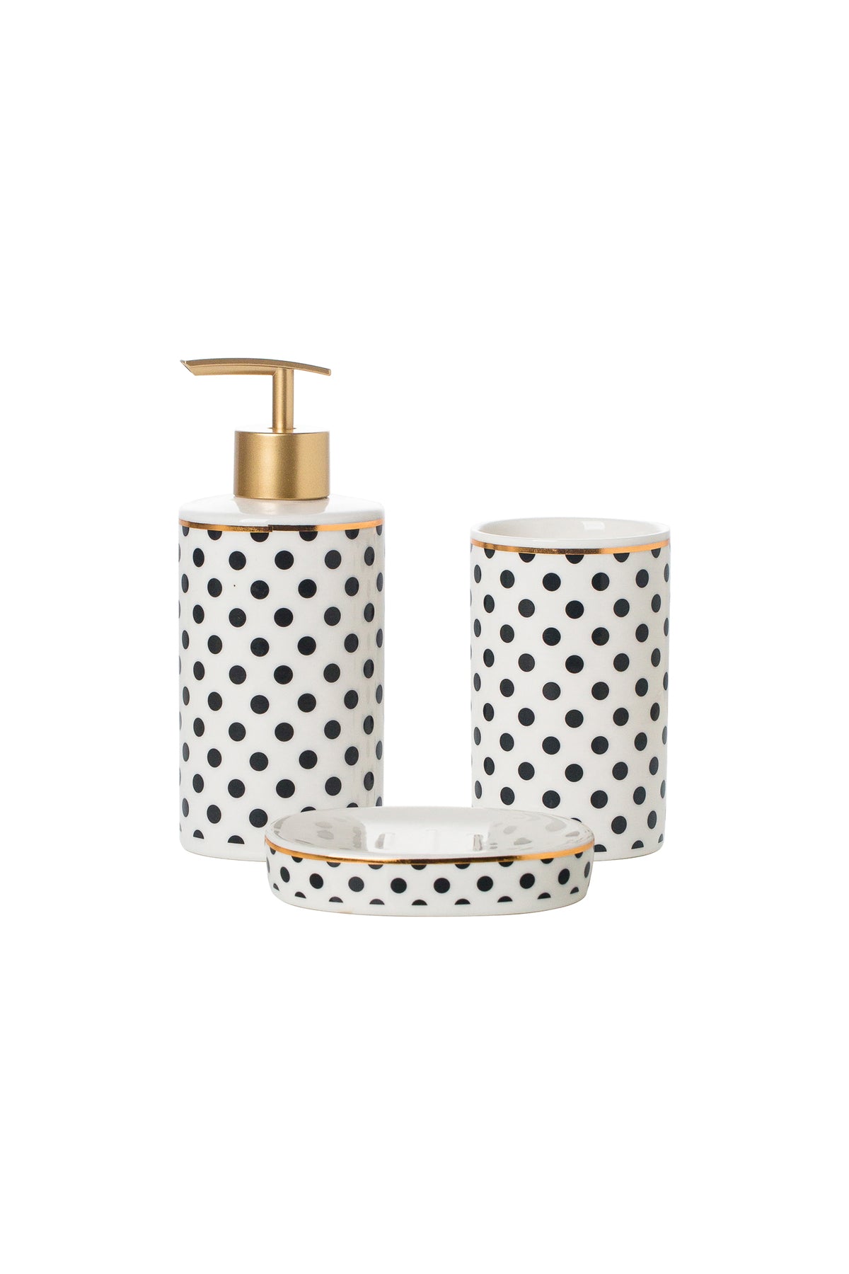 Set accesorii baie Dotted 3 piese dozator sapun, suport sapun solid, pahar porțelan cu detalii aurii
