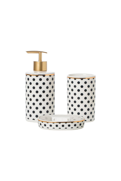 Set accesorii baie Dotted 3 piese dozator sapun, suport sapun solid, pahar porțelan cu detalii aurii