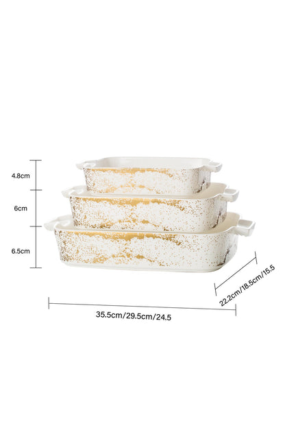 Set 3 tăvi cuptor Sprinkles – porțelan alb cu stropi aurii, rezistente la cuptor