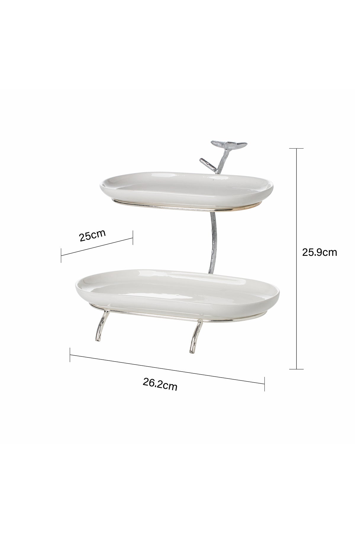 Platou etajat oval Candy Bar din Porțelan cu Suport Metalic Argintiu - 25.9 cm