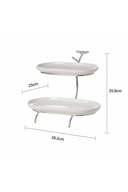 Platou etajat oval Candy Bar din Porțelan cu Suport Metalic Argintiu - 25.9 cm
