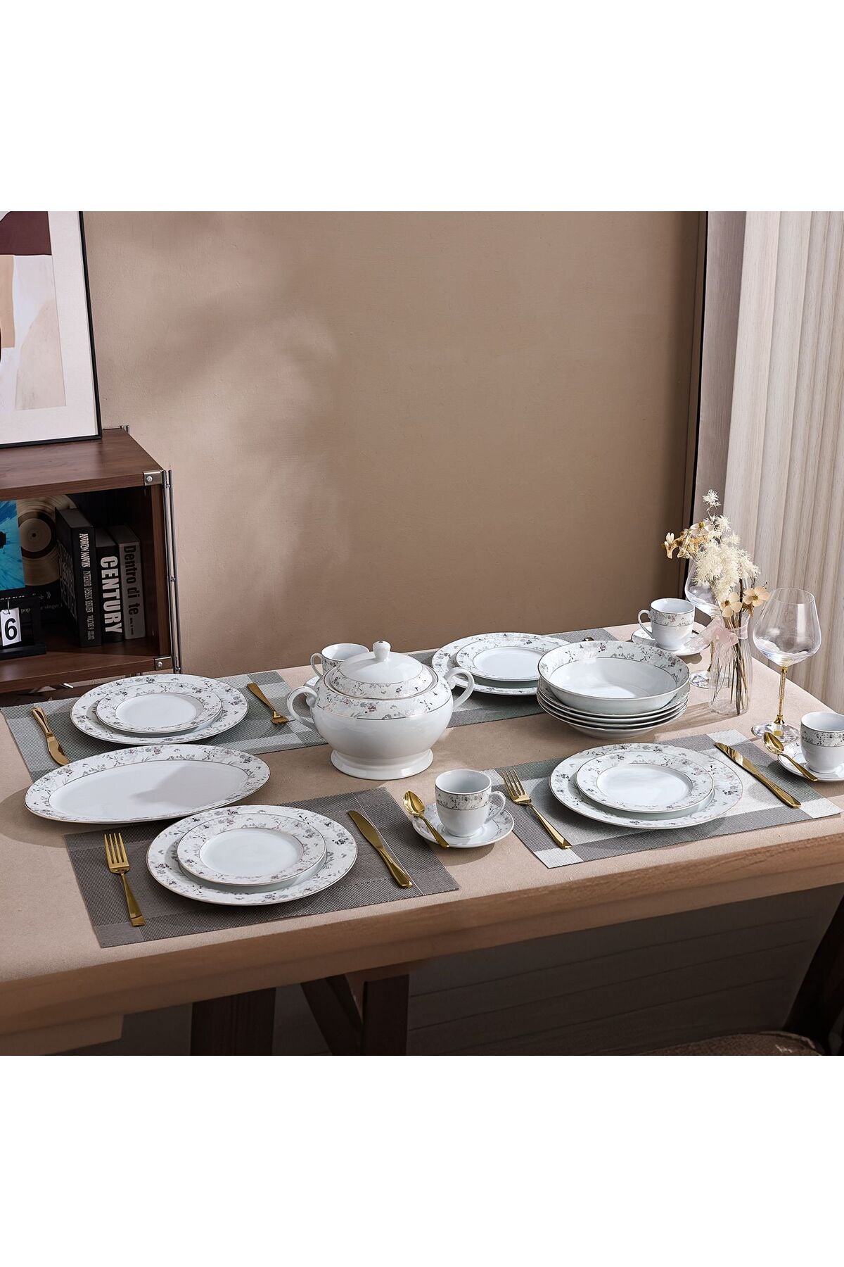 Serviciu de Masă 6 persoan Golden Blossom din Porțelan 30 piese,Design Floral Bogat cu Detalii Aurii