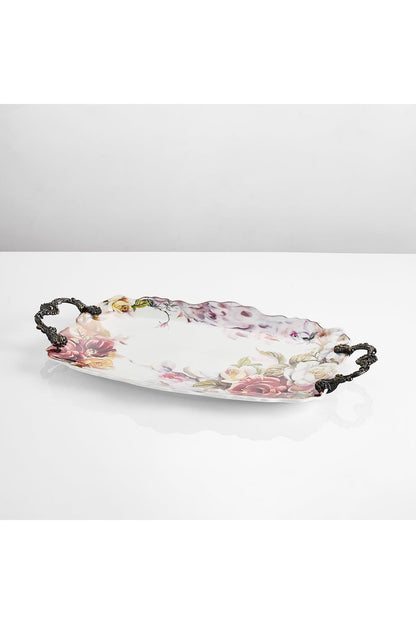 Tavă servire porțelan ovală model floral vintage, mânere metalice bronz, 44.5 cm