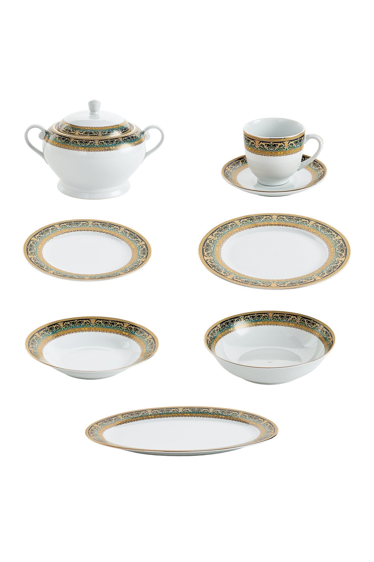 Serviciu de Masă 12 Persoane Emerald Royal Gold din Porțelan , 64 Piese, Design Baroc Verde cu Aur
