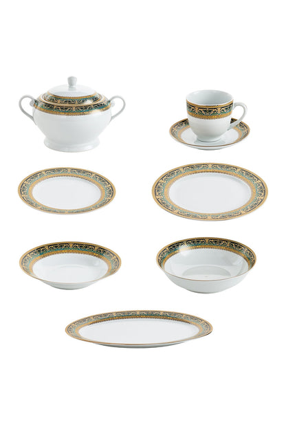 Serviciu de Masă 12 Persoane Emerald Royal Gold din Porțelan , 64 Piese, Design Baroc Verde cu Aur