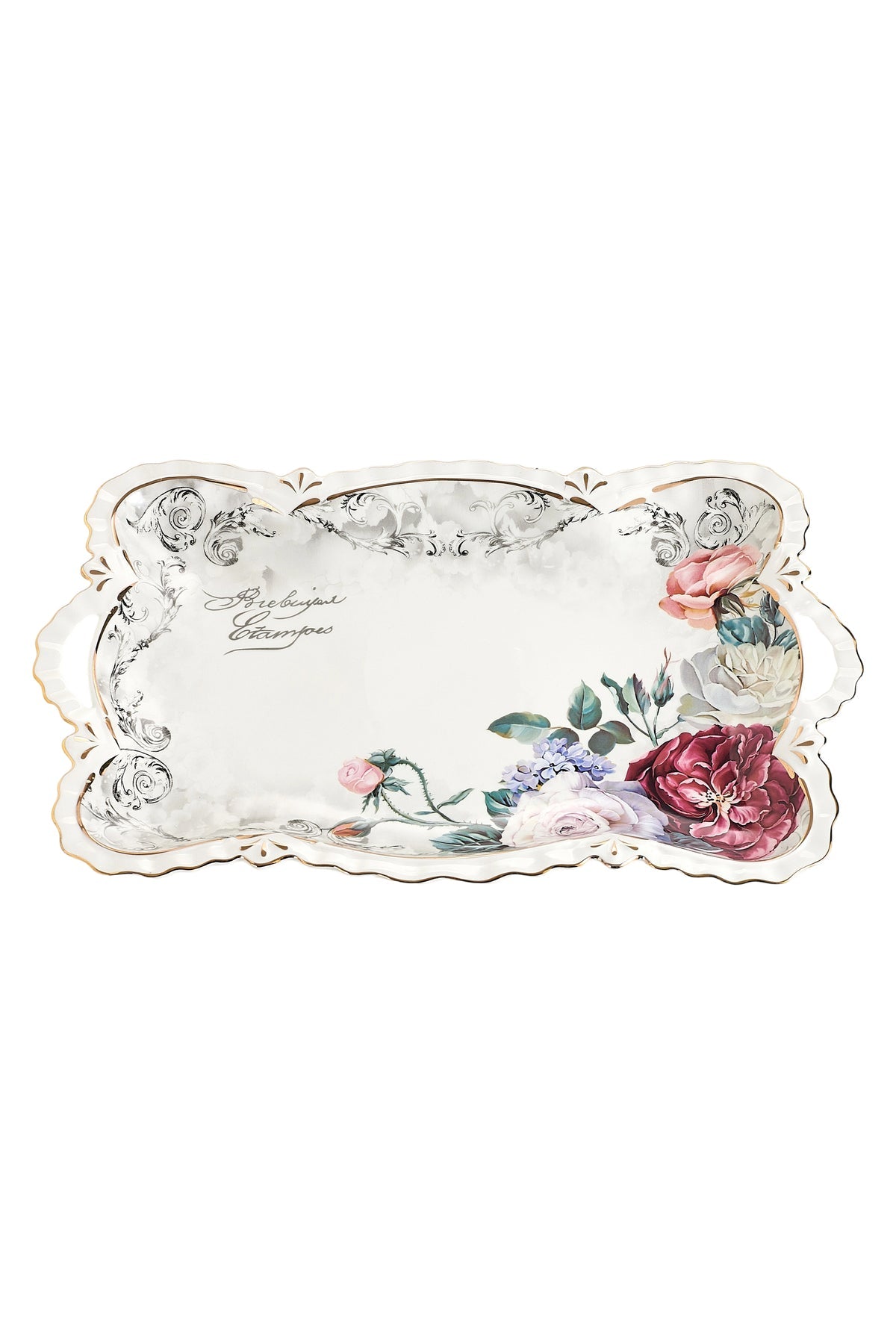 Tavă servire porțelan model floral vintage, mânere integrate, 42 x 27 cm