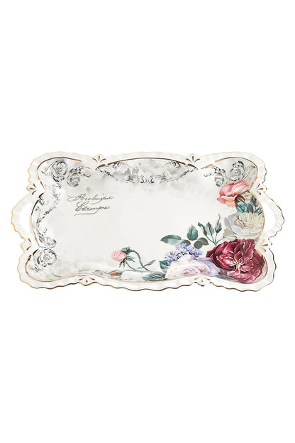 Tavă servire porțelan model floral vintage, mânere integrate, 42 x 27 cm