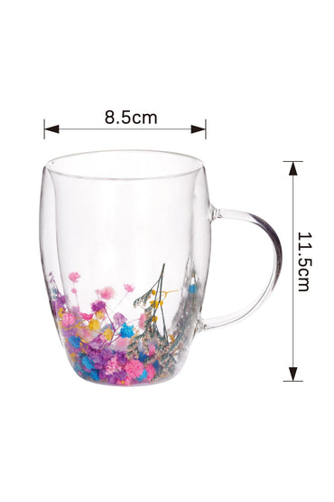 Cană din Sticlă cu Pereți Dubli "Nicolle" cu Flori Uscate Multicolore Naturale – 350 ml