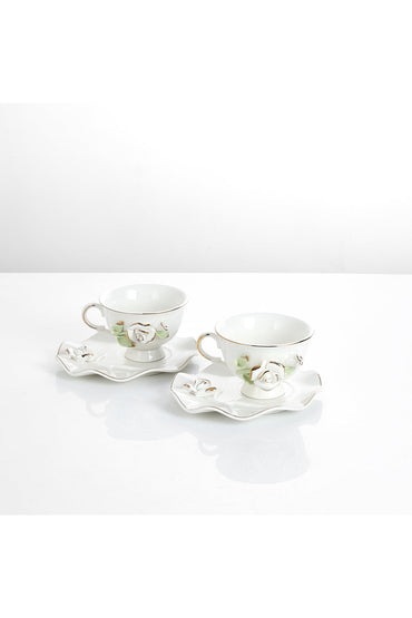 Set 2 cești de cafea din porțelan cu farfurioare, 180 ml - decor floral în relief