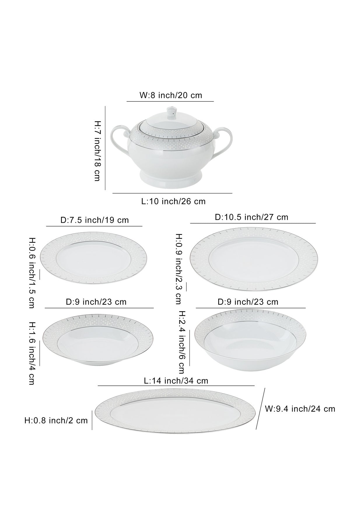 Serviciu de Masă 12 Persoane Starlight Silver din Porțelan , 40 piese, Design și Bordură Argintie