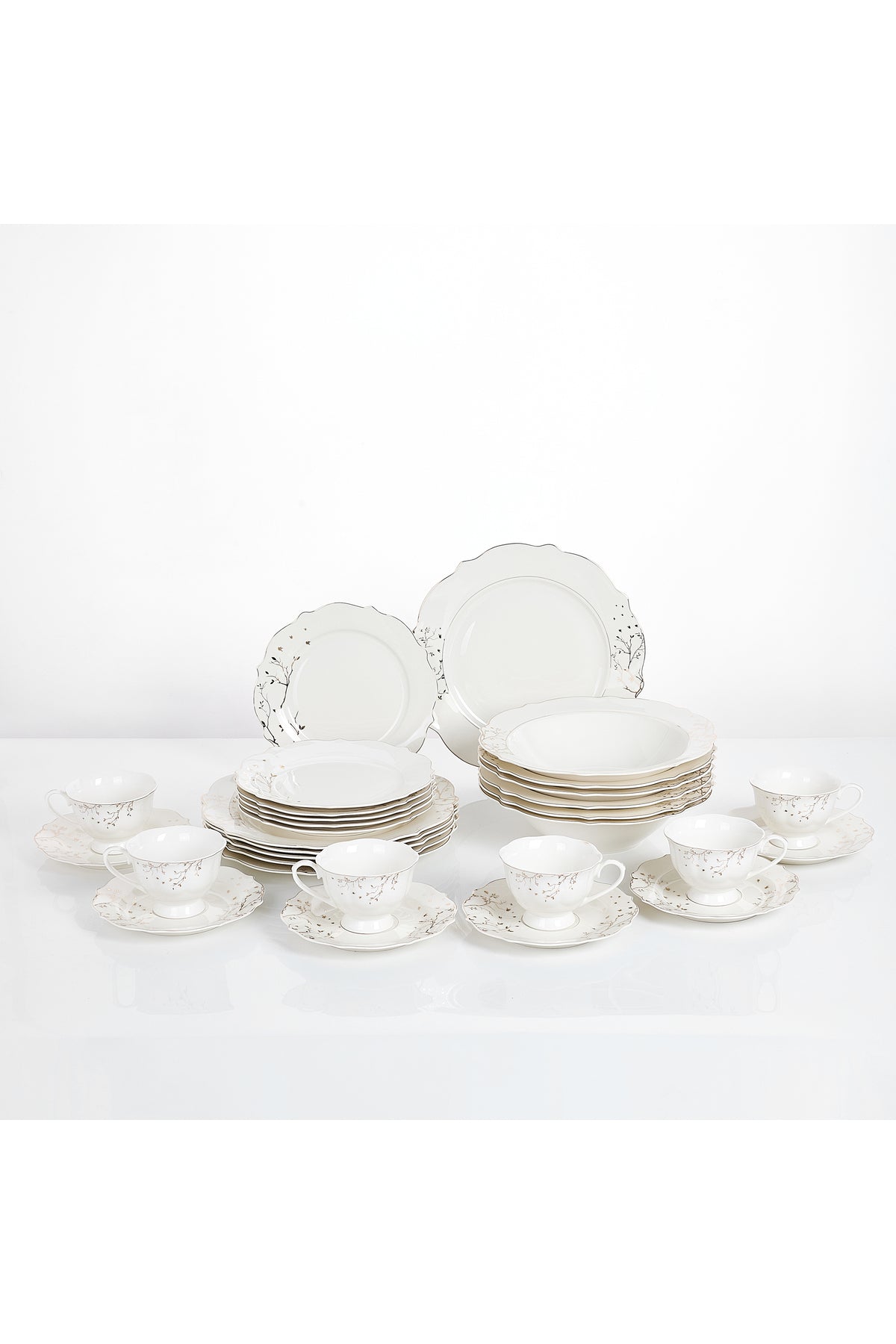Set masă 30 piese porțelan Lifetree, alb cu ramuri aurii, 6 persoane