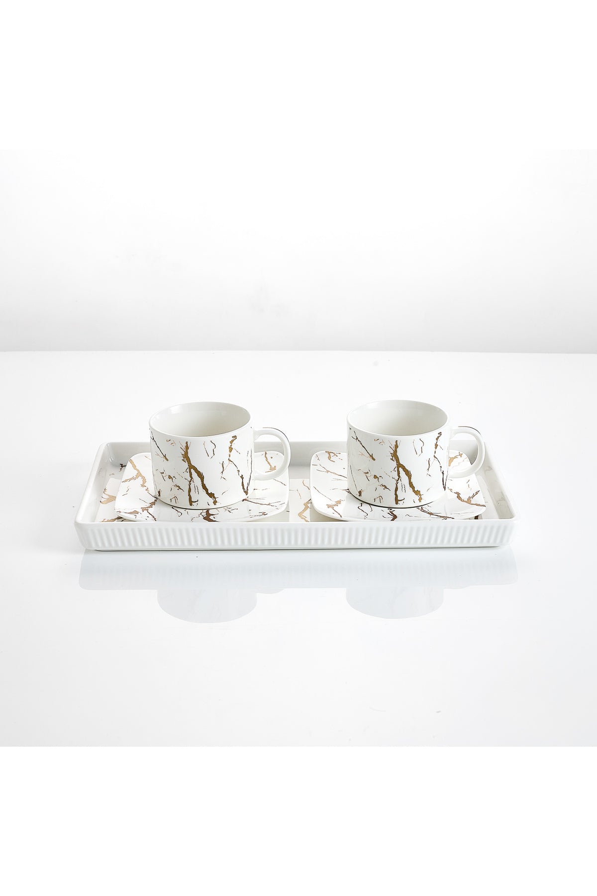 Set 2 cești cu 2 farfurioare și platou din porțelan, 180 ml - Marble collection
