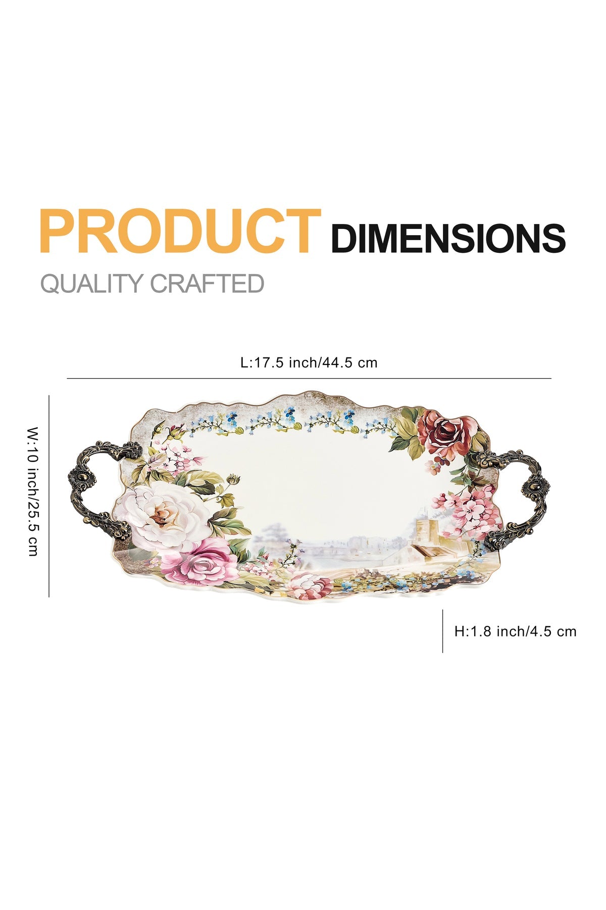 Tavă servire porțelan ovală model floral vintage, mânere metalice bronz, 44.5 cm