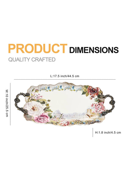 Tavă servire porțelan ovală model floral vintage, mânere metalice bronz, 44.5 cm