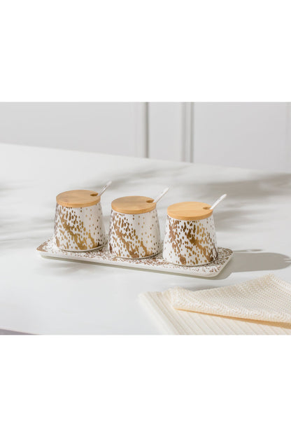 Set 3 Recipiente Condimente din porțelan, Capace Bambus și Tavă suport - Sprinkles Collection