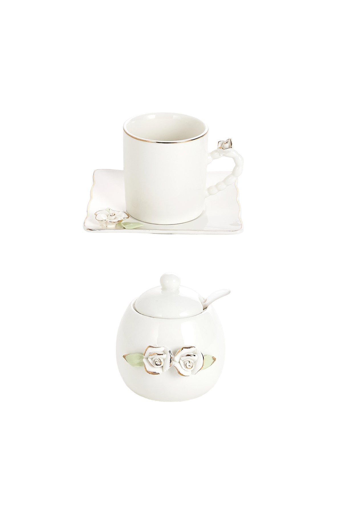 Set 6 Cești de Cafea din Porțelan cu Farfurioare și Zaharniță, 180 ml - Detalii Florale