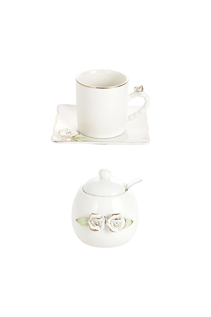 Set 6 Cești de Cafea din Porțelan cu Farfurioare și Zaharniță, 180 ml - Detalii Florale