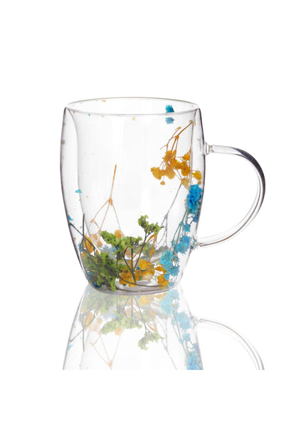 Cană din Sticlă cu Pereți Dubli "Riva" cu Flori Uscate Albastre și Galbene Naturale – 350 ml
