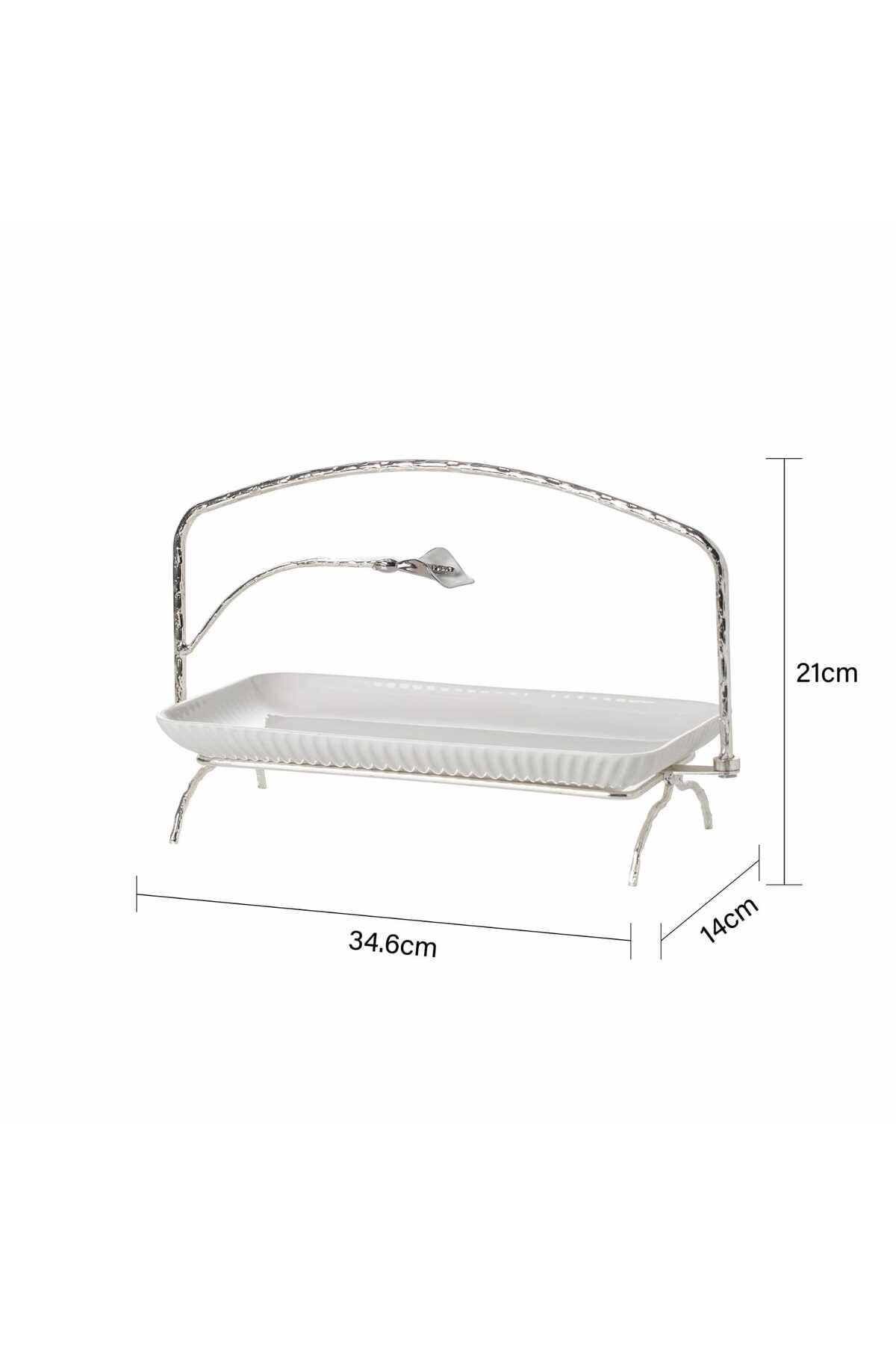 Platou Servire din porțelan alb cu Suport Metalic argintiu - 34.6 cm