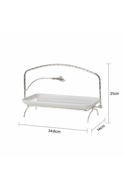 Platou Servire din porțelan alb cu Suport Metalic argintiu - 34.6 cm