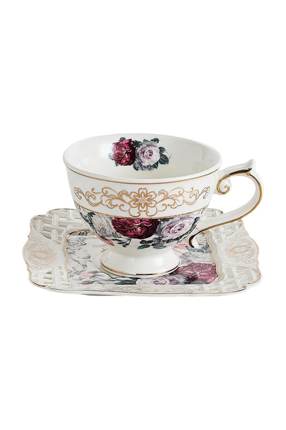 Set 2 cești cafea cu 2 farfurioare porțelan 200 ml – model floral elegant