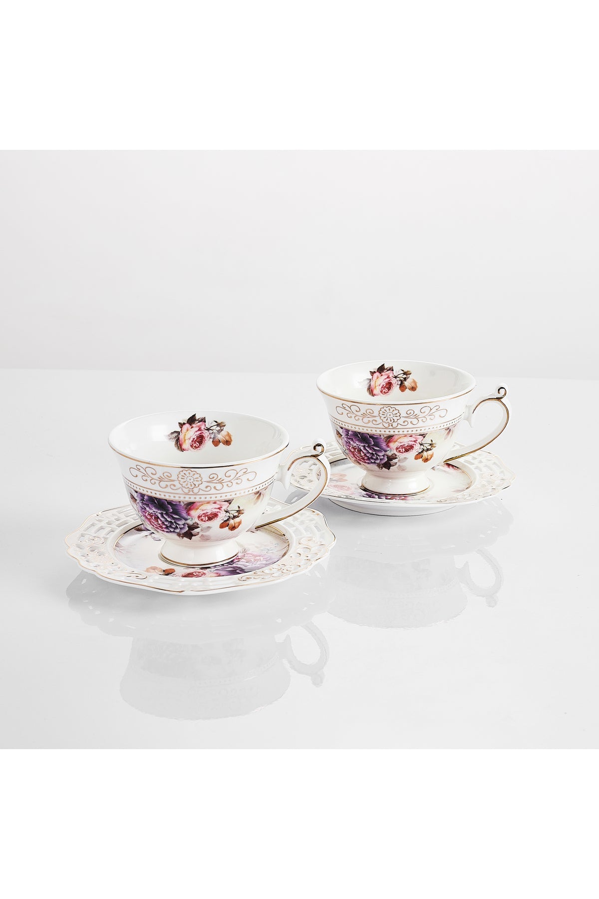 Set 2 cești cafea cu 2 farfurioare rotunde porțelan 200 ml – model floral elegant