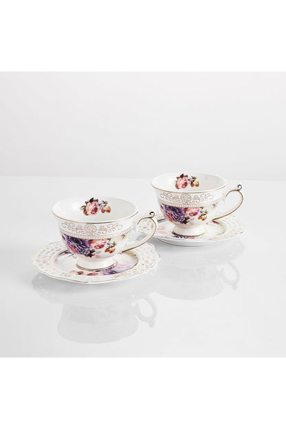 Set 2 cești cafea cu 2 farfurioare rotunde porțelan 200 ml – model floral elegant