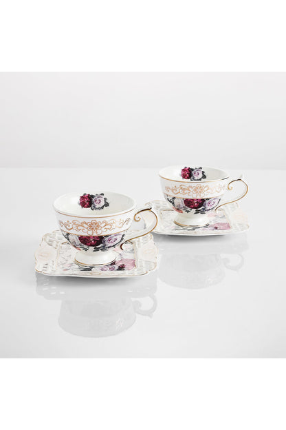 Set 2 cești cafea cu 2 farfurioare porțelan 200 ml – model floral elegant