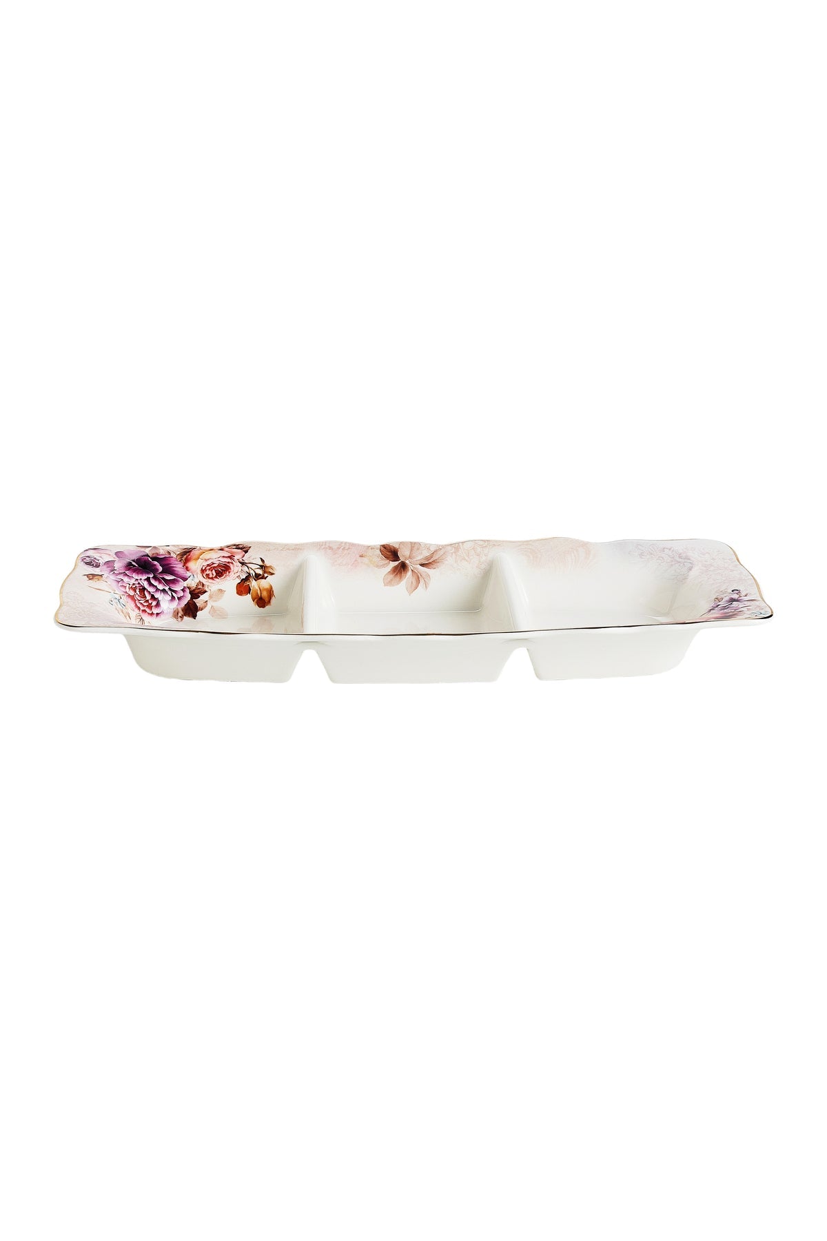 Platou compartimentat 3 secțiuni porțelan model floral vintage, 27 x 14.5 cm