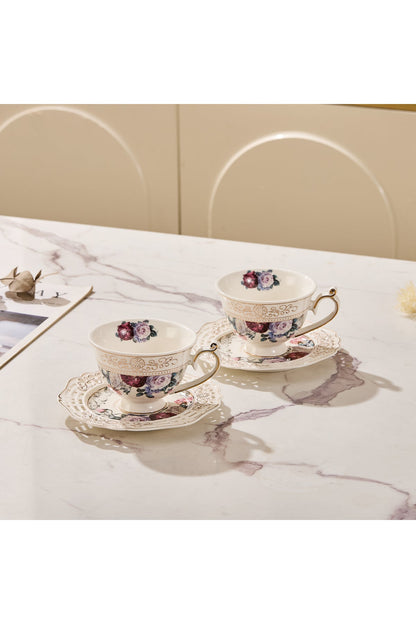 Set 2 cești cafea cu 2 farfurioare rotunde porțelan 200 ml – model floral elegant