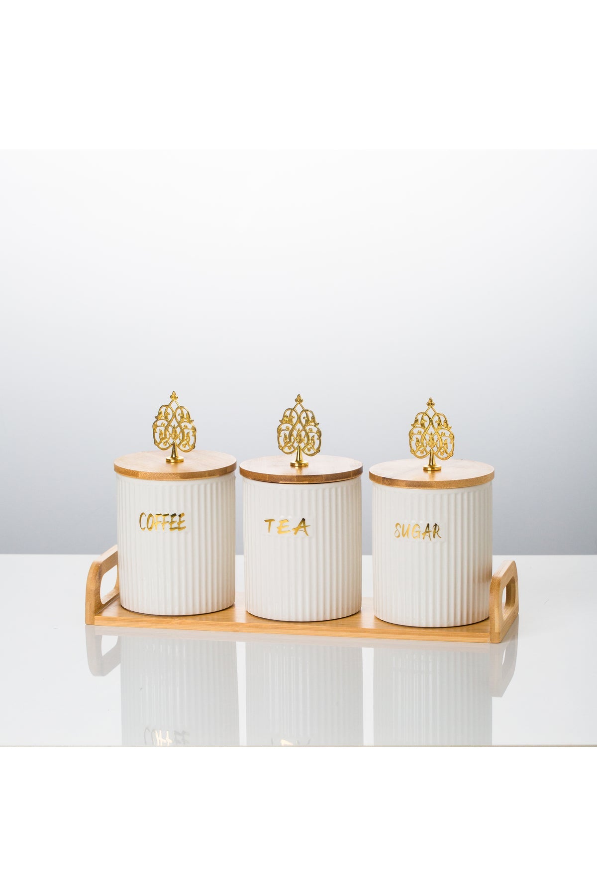 Set 3 borcane bucătărie Baroque – porțelan alb cu capac bambus, Coffee Tea Sugar, tavă inclusă