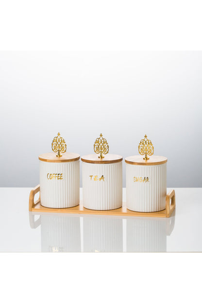 Set 3 borcane bucătărie Baroque – porțelan alb cu capac bambus, Coffee Tea Sugar, tavă inclusă