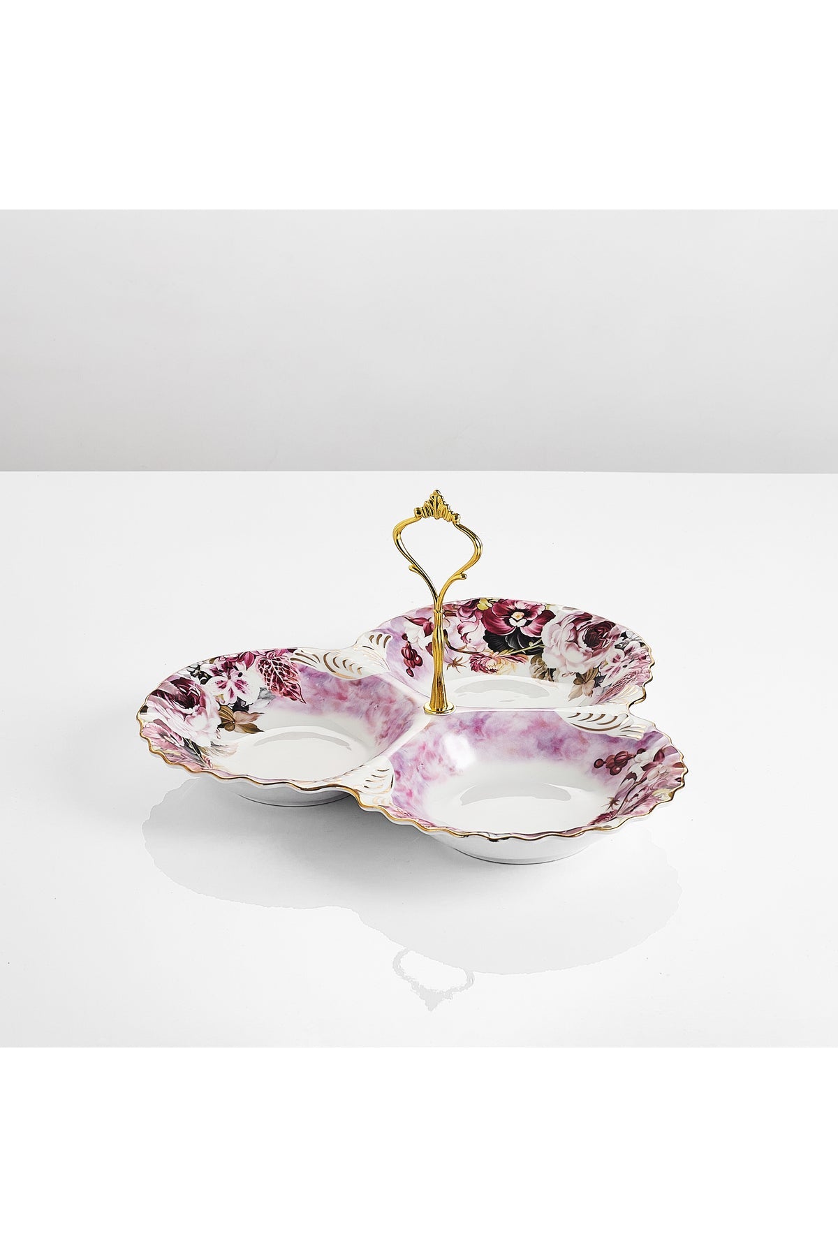 Platou compartimentat 3 secțiuni porțelan, model floral vintage, mâner auriu