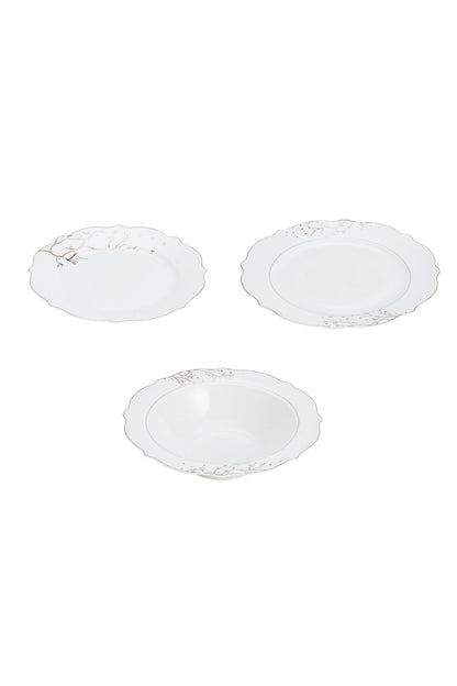 Set masă 18 piese porțelan Lifetree, alb cu ramuri aurii, 6 persoane
