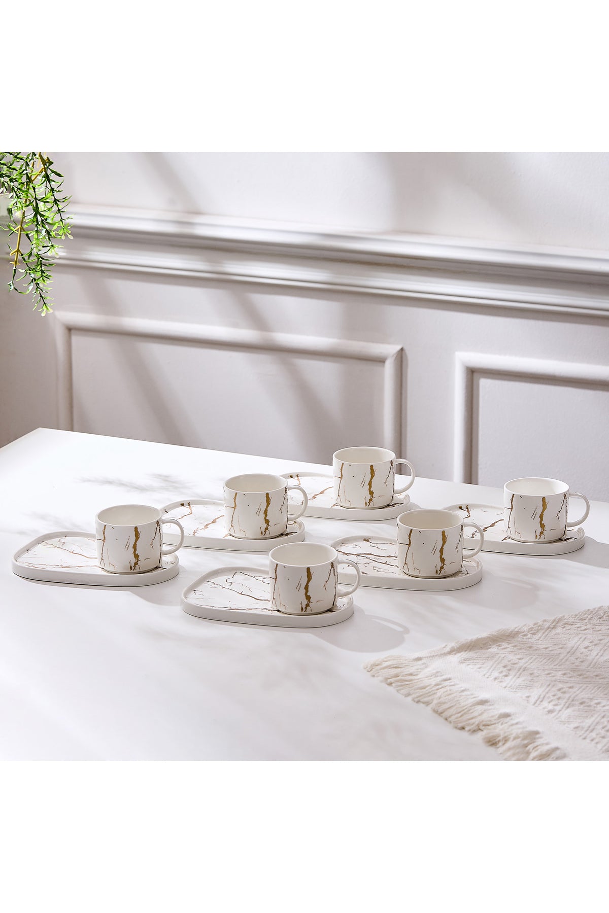 Set de 6 cești cu 6 farfurioare platou neuniform, porțelan, 220 ml - Marble collection