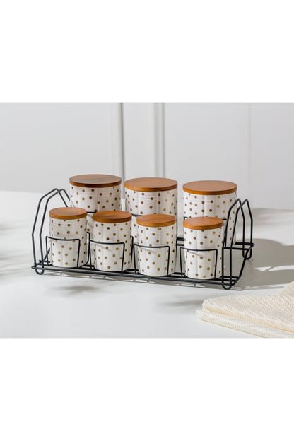 Set 7 recipiente depozitare din porțelan cu capace din lemn și suport metalic - Dotted Collection
