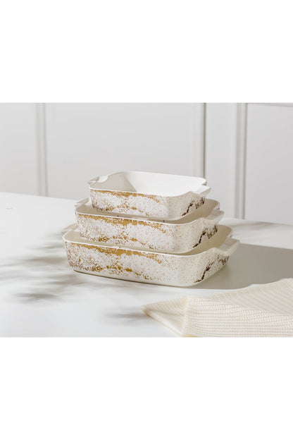 Set 3 tăvi cuptor Sprinkles – porțelan alb cu stropi aurii, rezistente la cuptor