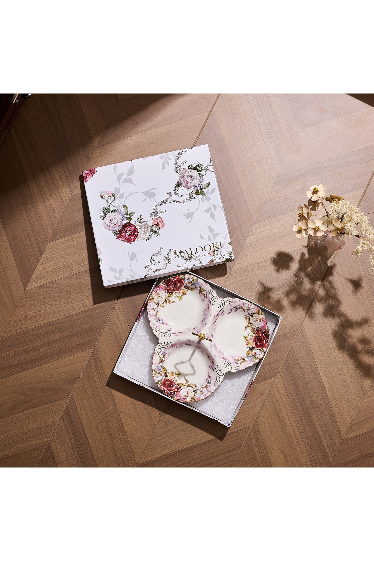 Platou compartimentat 3 secțiuni porțelan, model floral vintage, mâner auriu