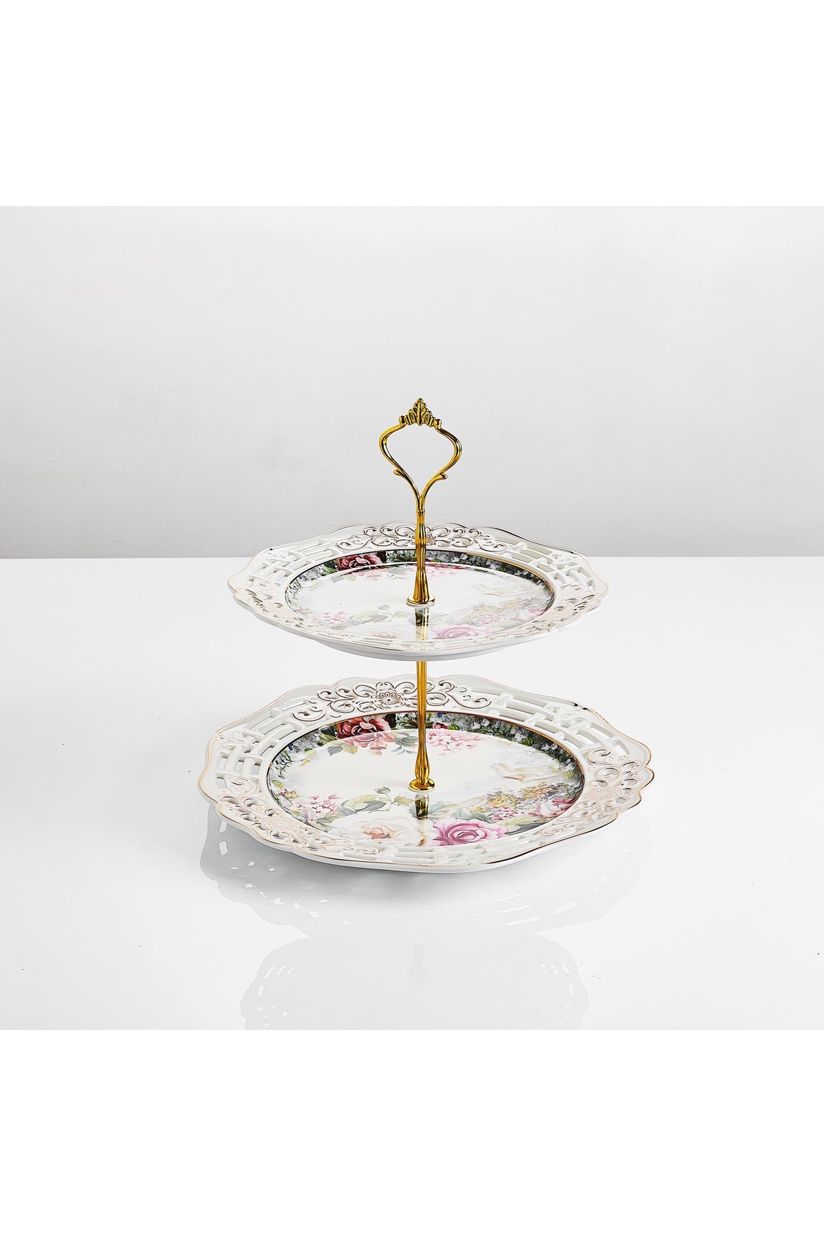 Platou etajat 2 niveluri porțelan, model floral vintage, platouri rotunde