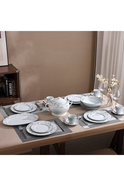 Serviciu de Masă12 Persoane Charcoal Blossom din Porțelan Premium, 64 Piese, Design Floral Dens