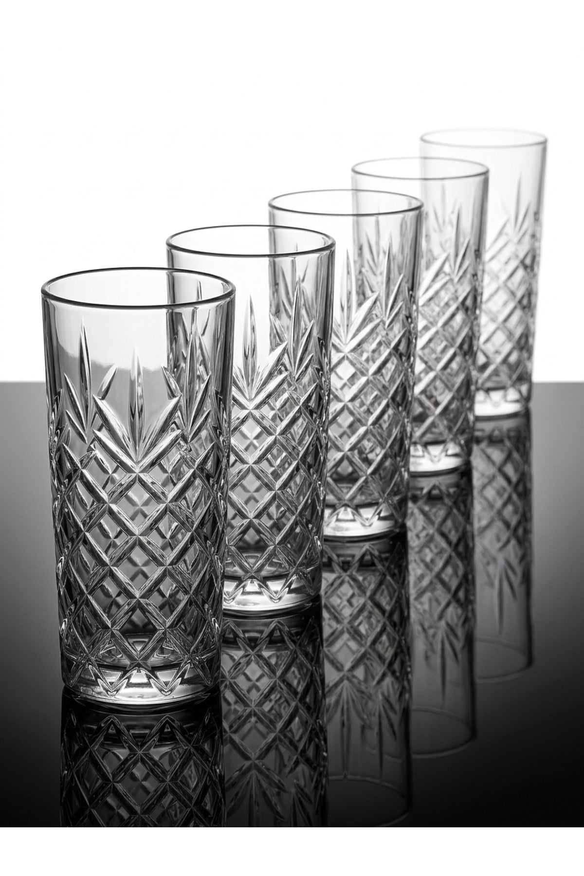 Set 6 pahare highball sticlă Thistle, model gravat vintage, 330ml, transparent