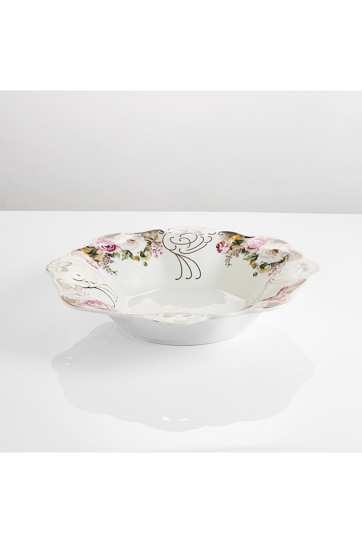 Bol fructieră porțelan model floral vintage, margini dantelate, diametru 33 cm