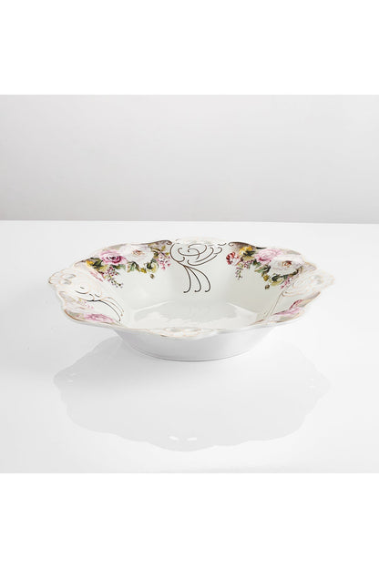 Bol fructieră porțelan model floral vintage, margini dantelate, diametru 33 cm