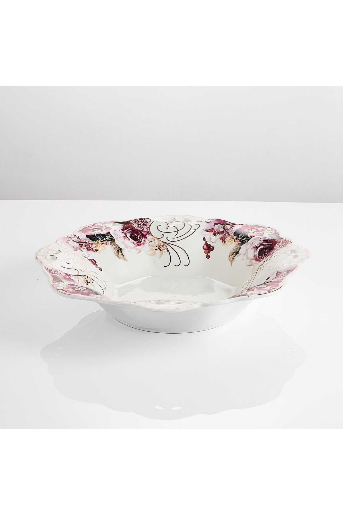 Bol fructieră porțelan model floral vintage, margini dantelate, diametru 33 cm