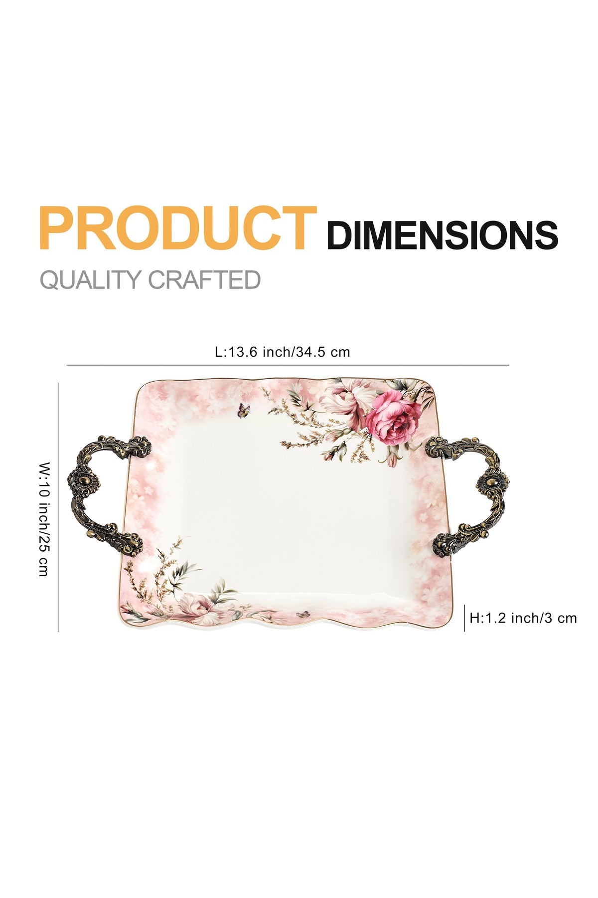 Tavă servire porțelan model floral vintage, mânere metalice bronz, 34.5 cm