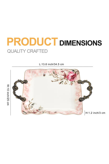 Tavă servire porțelan model floral vintage, mânere metalice bronz, 34.5 cm
